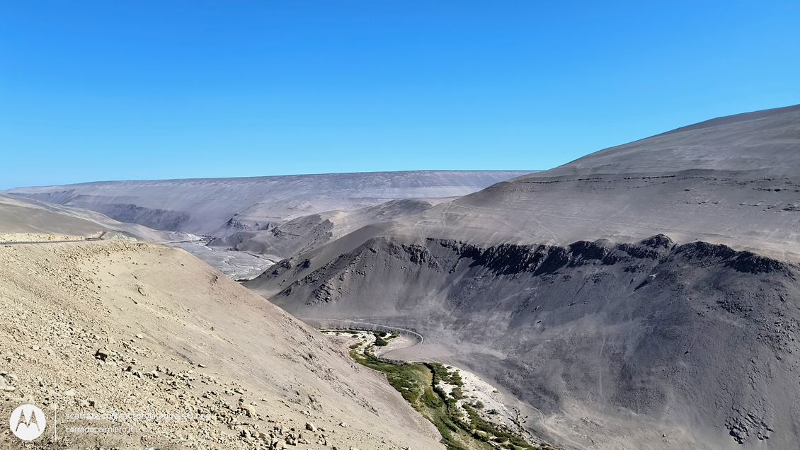Canyon del deserto con un corso d'acqua e vegetazione sul fondo
