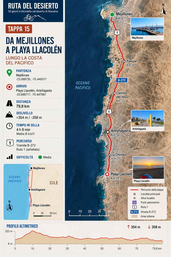 Mappa della Tappa 15 da Mejillones a Playa Llacolén passando per Antofagasta