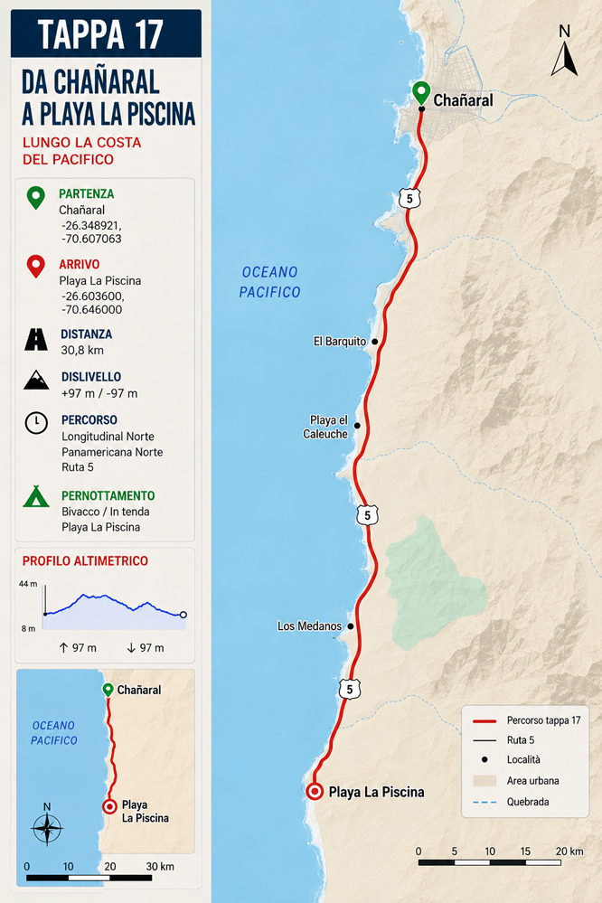 Mappa della Tappa 17 da Chañaral a Playa La Piscina