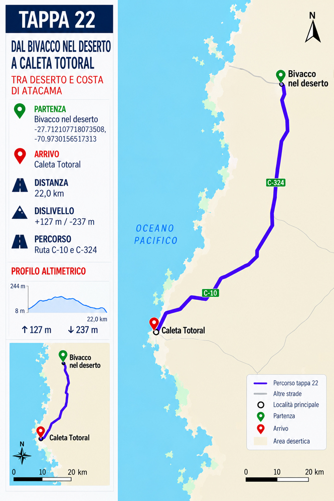 Mappa della Tappa 22 dal bivacco nel deserto a Caleta Totoral