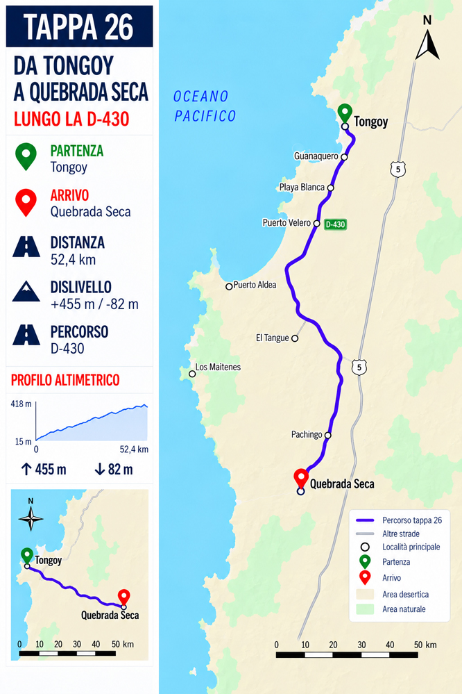 Percorso della Tappa 26 verso Quebrada Seca lungo la D-430